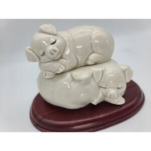 VTG Fitz & Floyd "Pigs in a Poke" Sugar Pot Trinket Box & Wood Display Stand